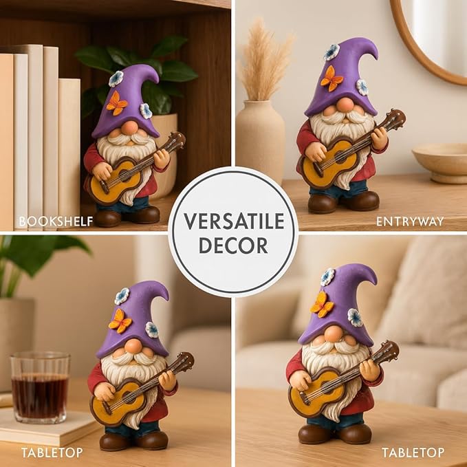 GoGnome Musical Gnome Figurine with Guitar – Handcrafted Resin Garden or Shelf Decoration, 6.2" Tall Whimsical Gnome Statue with Purple Hat, Flowers & Butterfly, Gift for Music Lovers (Purple)