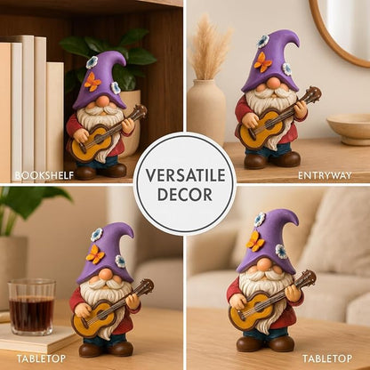 GoGnome Musical Gnome Figurine with Guitar – Handcrafted Resin Garden or Shelf Decoration, 6.2" Tall Whimsical Gnome Statue with Purple Hat, Flowers & Butterfly, Gift for Music Lovers (Purple)