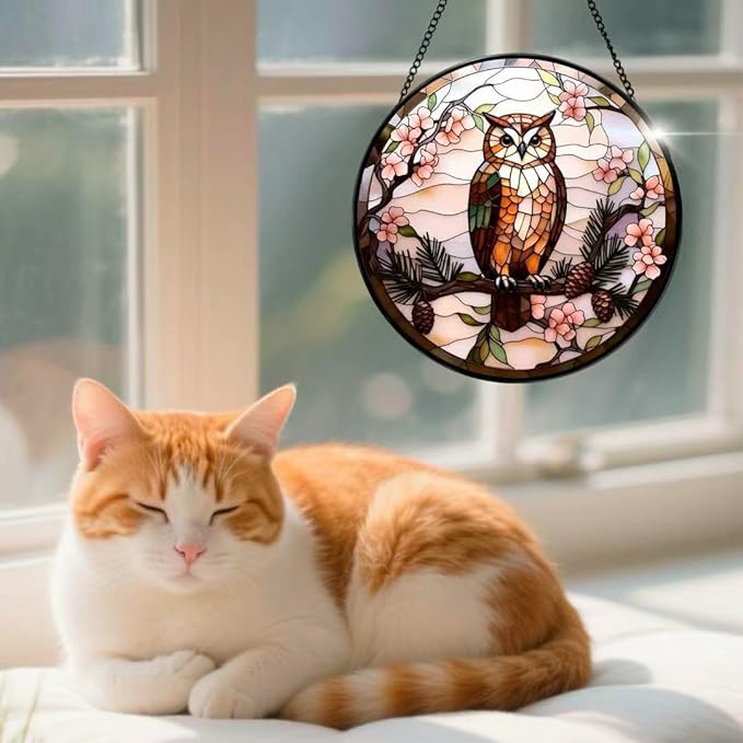 Stained Glass Window Hanging - The Owl is on The Branch of The Pine Tree 6.3 Inches Suncatcher for Garden Home Decor for Women Mon Grandma Friends