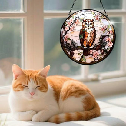 Stained Glass Window Hanging - The Owl is on The Branch of The Pine Tree 6.3 Inches Suncatcher for Garden Home Decor for Women Mon Grandma Friends