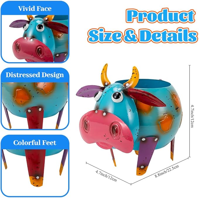 Oak & Lore Colorful Metal Cow Garden Statues, Cartoon Cow Outdoor Garden Sculptures & Statues with Planters Art Decor for Patio, Lawn, Yard, Balcony