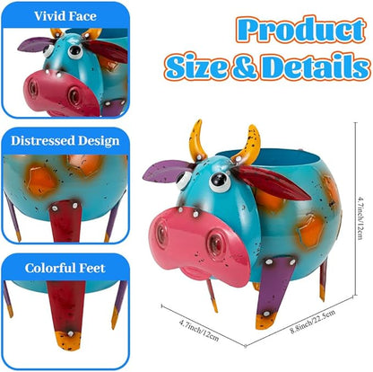 Oak & Lore Colorful Metal Cow Garden Statues, Cartoon Cow Outdoor Garden Sculptures & Statues with Planters Art Decor for Patio, Lawn, Yard, Balcony
