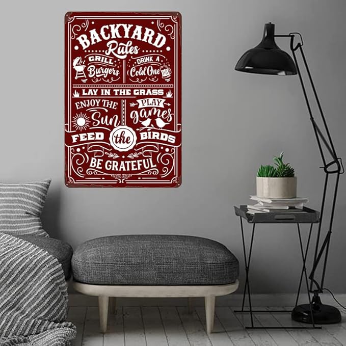 Backyard Rules Vintage Metal Poster, Funny Backyard Decor, Sweet Wall Decoration for Bar and Grill, Retro Metal Sign for Outdoor Patio, Porch, Pool 8x12 Inch