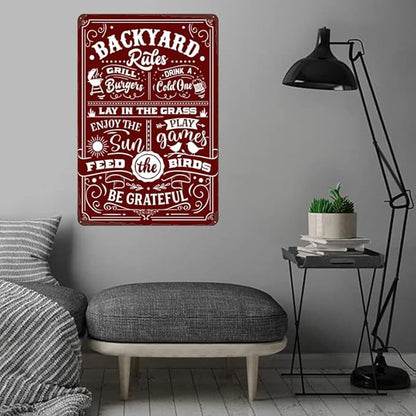 Backyard Rules Vintage Metal Poster, Funny Backyard Decor, Sweet Wall Decoration for Bar and Grill, Retro Metal Sign for Outdoor Patio, Porch, Pool 8x12 Inch