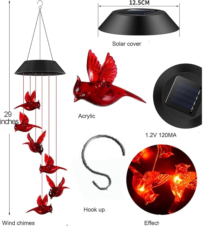 Cardinal Solar Wind Chimes for Outside, Cardinal Solar Hanging Lights Outdoor Wind Chime for Garden Patio Decor, Unique Gifts for Mother Mom Grandma Women Birthday