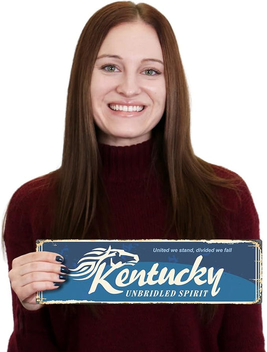 SmartSign 4 x 14 inch Kentucky State Vintage Metal Sign “United We Stand - Unbridled Spirit”, 40 mil Rustproof Aluminum with Clear Overcoat, Retro Wall Décor, Multicolor, Made in USA
