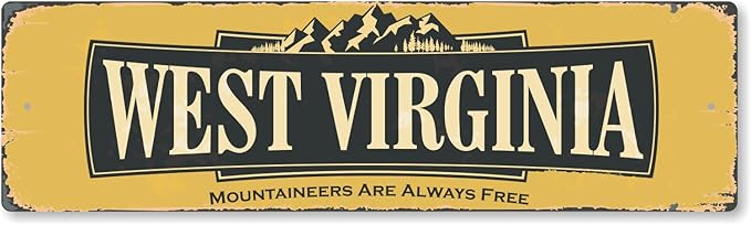 SmartSign 4 x 14 inch West Virginia State Vintage Metal Sign “Mountaineers Are Always Free”, 40 mil Rustproof Aluminum with Clear Overcoat, Retro Wall Décor, Multicolor, Made in USA