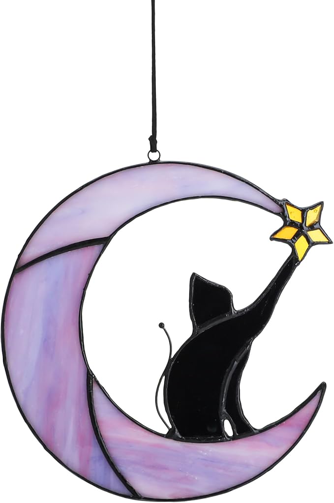 HDCRYSTALGIFTS 6.5'' Black Cat Decor on Purple Moon Stained Glass Window Hanging Suncatcher,Wall Art Glass Window Panel Sun Catcher,Halloween Decoration Memorial Gift for Lover Cat Loss
