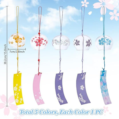 PH PandaHall 5 Colors Japanese Wind Chimes Flower Chime Vintage Style Glass Wind Bells Creative Hanging Pendants Romantic Wind Bells for Home Dector Housewarming, 20 inch Long