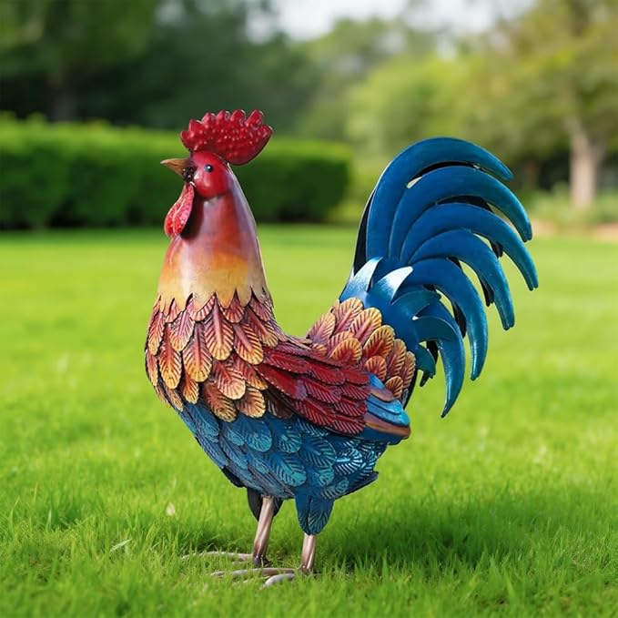 Kircust Metal Rooster Garden Ornament, Multi-Color Outdoor Yard Art Chicken Statue for Home Patio Lawn Backyard Farmhouse Kitchen