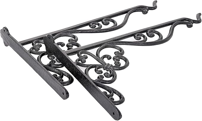 Sungmor Decorative Cast Iron Hanging Bracket - 15.6" Thickened Outdoor Metal Plant Hangers, Vintage Scroll Design for Signs, Planters, Lanterns, Bird Feeders - 2 Pack Heavy Duty Wall Hooks, Black