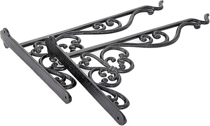 Sungmor Decorative Cast Iron Hanging Bracket - 15.6" Thickened Outdoor Metal Plant Hangers, Vintage Scroll Design for Signs, Planters, Lanterns, Bird Feeders - 2 Pack Heavy Duty Wall Hooks, Black