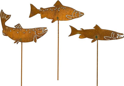 Swimming Salmon Garden Stake Set of 3, Made in USA, Rusty Steel, Real Rust Finish (Small)