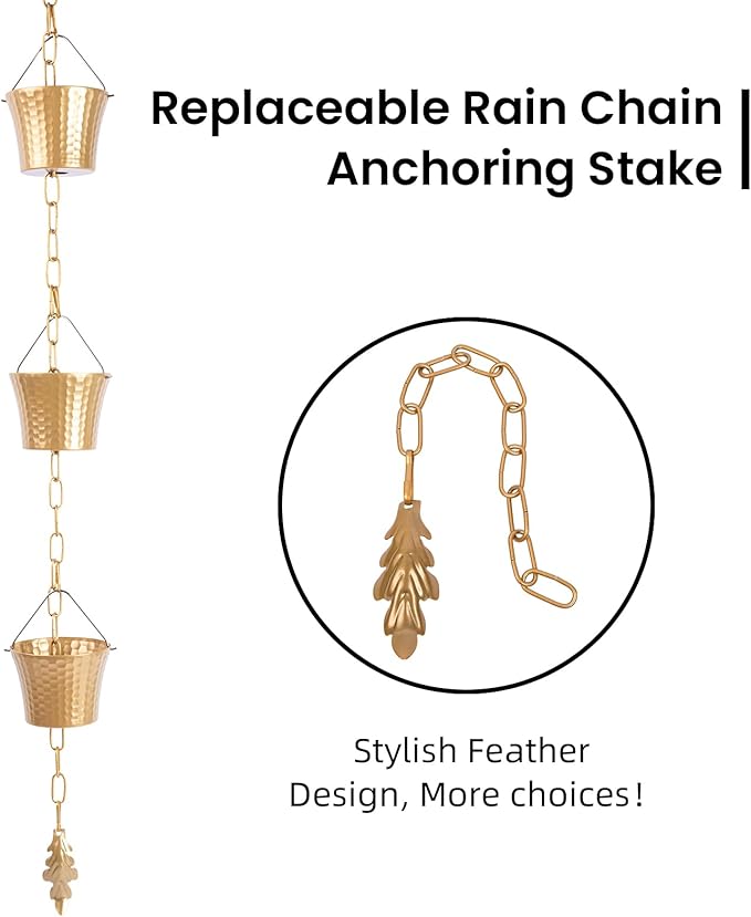Rain Chain for Outside with Adapter,Wrought Iron Rain Chains Set 8.5 Ft,Not Rust, Gotta Drain with Metals Anchoring Stake, 14 Cups, 1 Hook, Adjustable Gutter Downspout for Outdoor(Gold)
