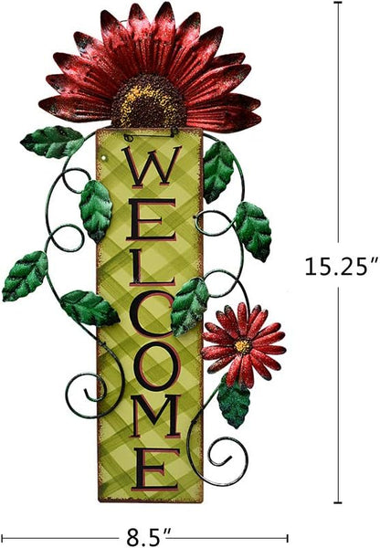 Welcome Sign for Front Door Decor Hanging Sign, Metal Flower Welcome Door Sign Wall Art Decor Hanging for Indoor Outdoor Patio Garden Yard Sign Porch Decoration 15.25X8.5In (A)