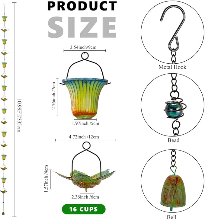 dreamysoul Rain Chains for Gutters, 11 FT Rain Catcher Chains with 16 Cups, Adjustable Rain Chain for Outside, Replacement for Downspout, Eaves, Drainage