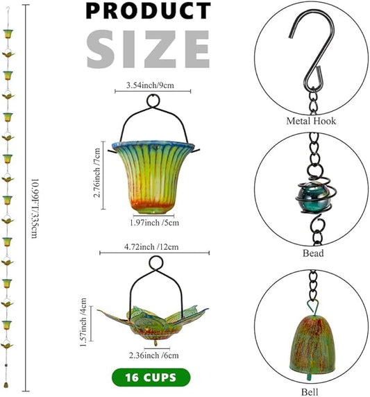 dreamysoul Rain Chains for Gutters, 11 FT Rain Catcher Chains with 16 Cups, Adjustable Rain Chain for Outside, Replacement for Downspout, Eaves, Drainage