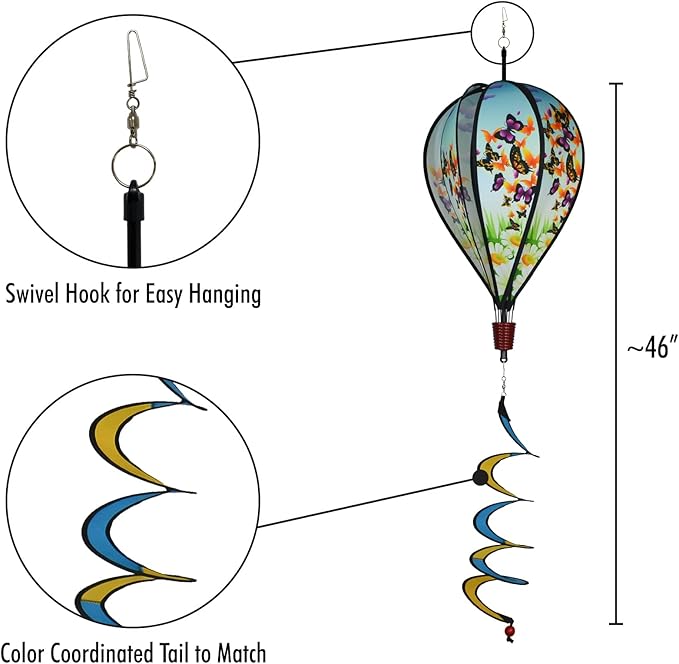 In the Breeze Butterfly Swarm 6-Panel Kinetic Hot Air Balloon Wind Spinner,11" W x 17" H, 26" Tail,1052