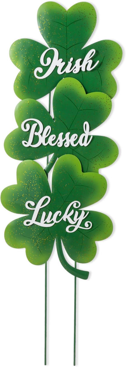 Glitzhome St Patricks Day Yard Signs Outdoor Decorations, 36.75"H Metal Shamrock Garden Stakes Set of 3, Green Shamrock Sign Decor for Irish Outside Lawn Porch