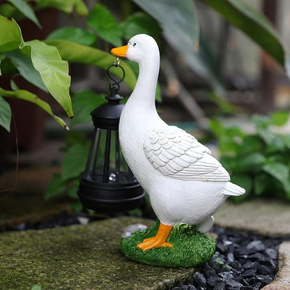 Garden Duck Statue with Solar Lantern, 7.7 Inches Resin White Duck Figurines Light Yard Art Sculpture Outdoor Decor for Patio Lawn Backyard Porch Ornaments
