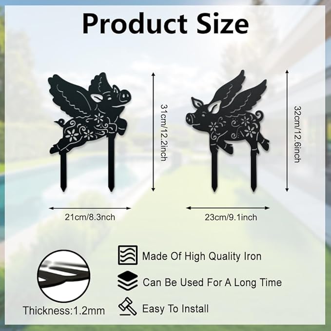 WADORN 2 Styles Flying Pig Metal Decorative Garden Stakes, Funny Pig Flowers Metal Silhouette Statues Animal Garden Ornament Gifts Black Yard Art Decoration for Outdoor Backyard Patio Lawn Walkways