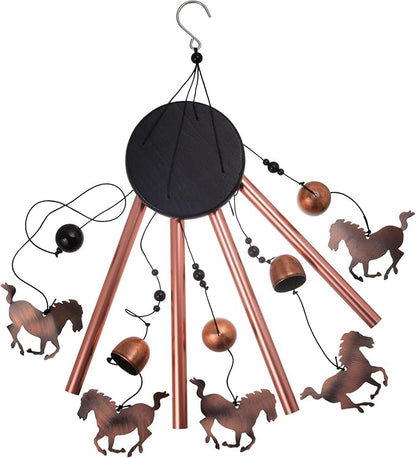 Red Copper Horse Wind Chimes - 4 Tube, 5 Horse Wind Catcher for Home, Garden, Patio, Balconies, Indoor Decoration