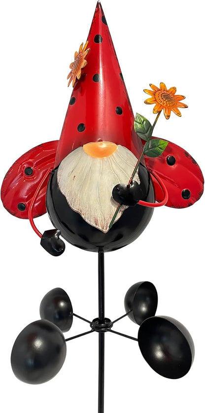 HONGLAND Gnome Metal Yard Art, Gnomes Garden Statue Outdoor Decor, 48 inch Gnome Decorations 360 Degrees Swivel Wind Spinner for Outdoor Patio Garden Backyard Décor - Ladybug