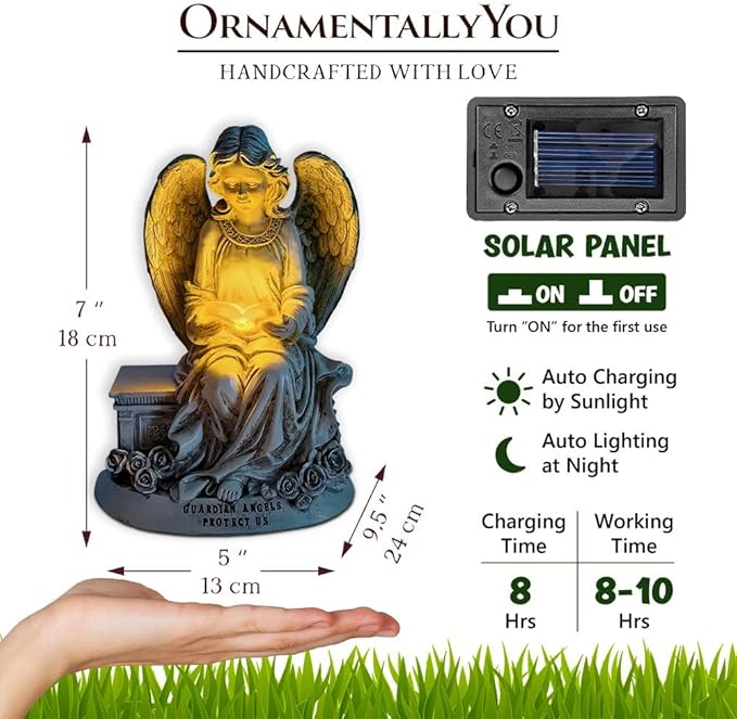 OrnamentallyYou Spring & Summer-Themed Garden Statues – Adorable Outdoor Decor for Lawn, Patio & Porch (Guardian Angel Reading Book Garden Statue, 10" Solar Powered Angelic Outdoor Figurine)