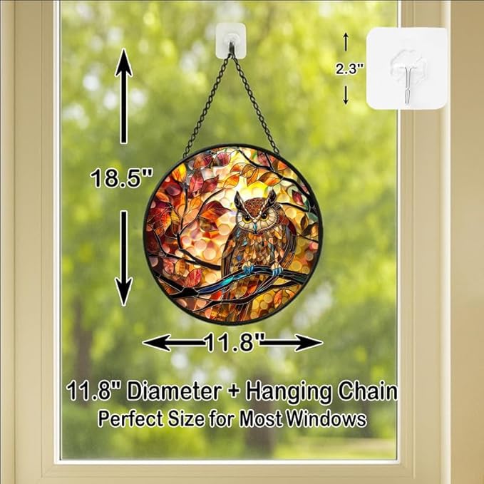 Stained Glass Window Hanging - Autumn Leaves and Perched Owl Sun Catchers Indoor Stained Glass Panels Wall Decor for Mom Wife Lovers Festive