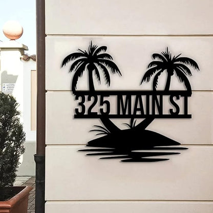 Custom Tropical Palm Tree Metal Address Sign Personalized Beach House Number Wall Decor Outdoor Pool Lake Sign Coastal Home Metal Art Housewarming Gift for Patio Entryway