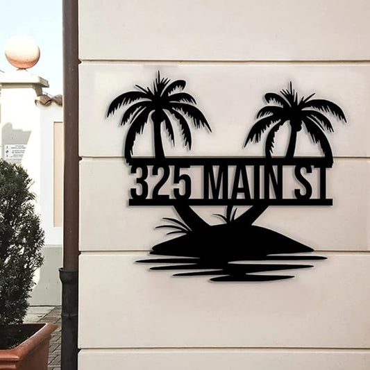 Custom Tropical Palm Tree Metal Address Sign Personalized Beach House Number Wall Decor Outdoor Pool Lake Sign Coastal Home Metal Art Housewarming Gift for Patio Entryway