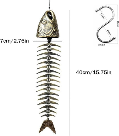 Fish Windchime,Fish Skeleton Windchime,Fish Bone Cast Iron Wind Chimes Vintage Metal Wind Chimes Outdoor Soothing Melody for Garden Home Yard Porch Hanging Decor (Bronze)