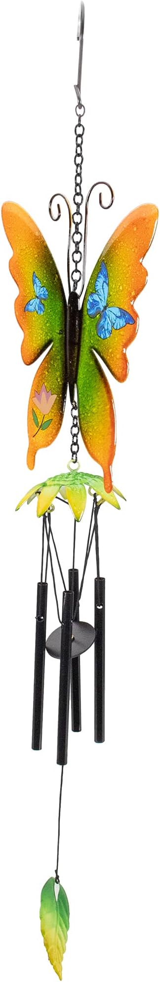 15.75" Orange and Green Metal Butterfly Outdoor Garden Windchime