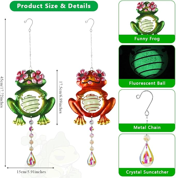 Garden Suncatcher, 2 Pack Hanging Frog Suncatchers with Rainbow Maker Crystal, Hand-Painted Metal Sun Catchers Indoor Window for Garden, Patio, Balcony, Indoor Window