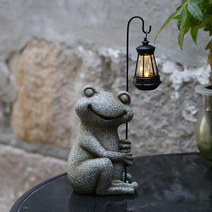 Solar Garden Statue, Cute Resin Animal Figurine with Solar Lantern Outdoor Decor for Patio Lawn Yard Pathway, Unique Housewarming Birthday Gift for Mom and Grandma (Frog)