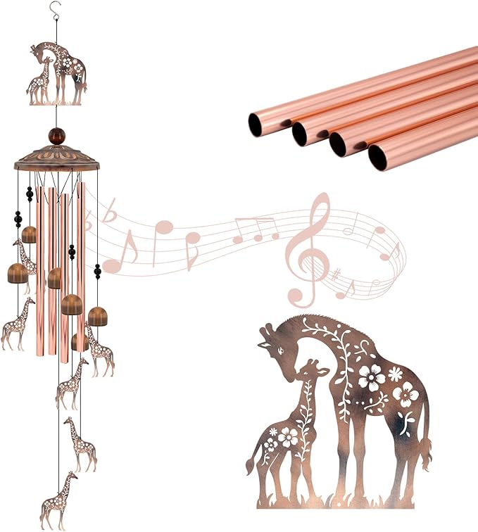 35" Giraffe Wind Chimes for Outside, Rustic Copper Mother & Baby Giraffe Silhouette Decor with 6 Pendants - Elegant Safari Memorial Windchime - Heartwarming Gift for Mom & Animal Lovers