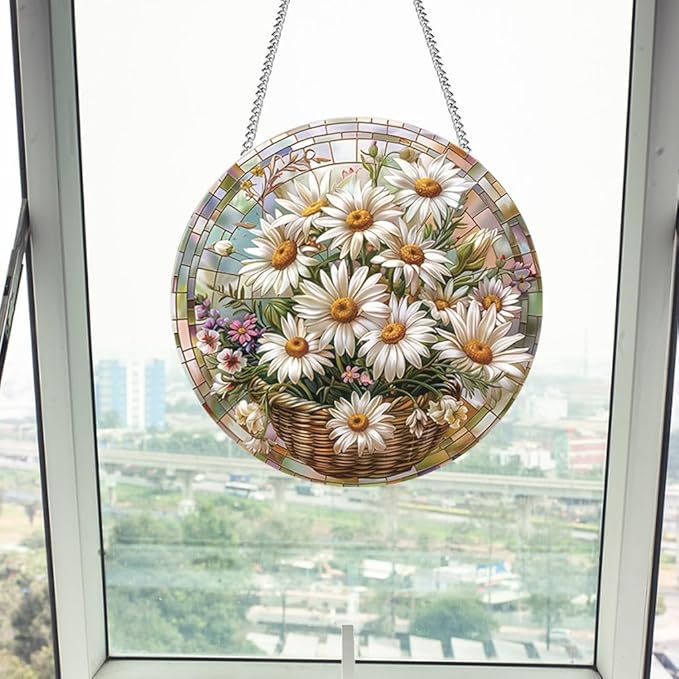 Daisy Flower Stained Window Hangings with Chain – Round Acrylic Wild Flower Ornament for Garden, Patio and Indoor Decor, Housewarming Gift for Mom,Mother, Grandma