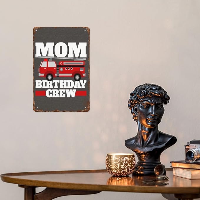 Vintage Tin Metal Sign Mom Of The Birthday Crew Fire Truck 8x12 Inches Retro Wall Decor for Home,Garden,Patio,Office,Kitchen,Bathroom,Living Room,and More! Funny Quotes & Motivational Decorations