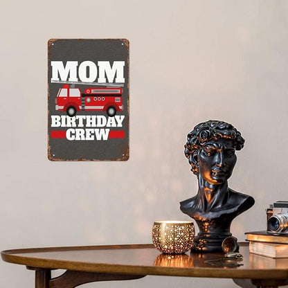 Vintage Tin Metal Sign Mom Of The Birthday Crew Fire Truck 8x12 Inches Retro Wall Decor for Home,Garden,Patio,Office,Kitchen,Bathroom,Living Room,and More! Funny Quotes & Motivational Decorations