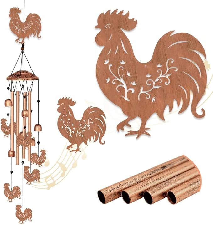 INFUNLY Roosters Wind Chimes for Outside 5.5"×5.4" Chicken Pattern Metal Windchime Aluminum Tube Wind Chime with Little Bells Tubes Memorial Wind Bell for Yard Garden Decor Housewarming Birthday Gift