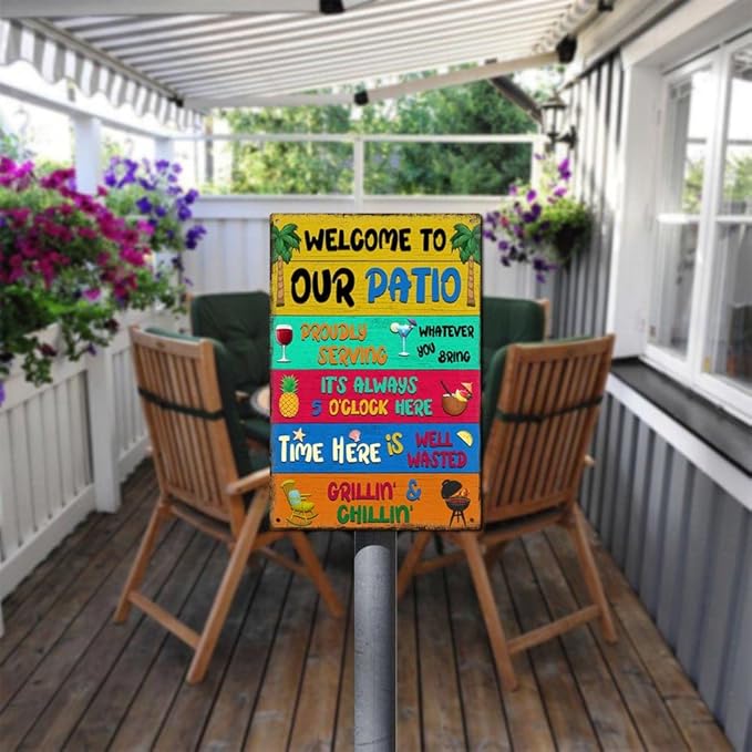 Welcome To Our Patio Signs Proudly Serving Whatever You Bring Rustic Aluminum Metal Sign for Porch Plaque Outdoor Decor 8 x 12 inch