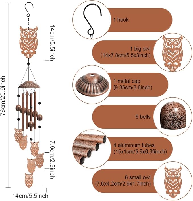 OLYCRAFT Owl Metal Wind Chimes Outdoors Wind Chime Sympathy Memorial Windchime Iron Windchime Memorial Presents Hanging Windbell for Patio Backyard Home Garden Pendant Decoration - 30 Inch