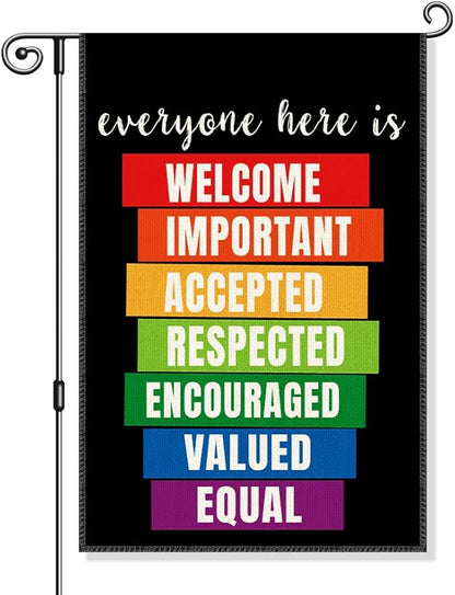 Everyone Here Is Welcome Garden Flag, Funny LGBTQ Pride Ally Flags for Outside, Inclusion And Equality Yard Sign, Be Kind Human Equality Flag, Protest And Resist Yard Décor