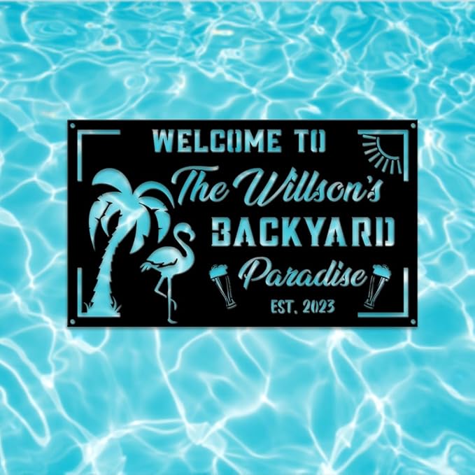 MeMate Flamingo House Signs, Flamingo House Metal Sign, Personalized Name Outdoor Sign, Flamingo House Outdoor Décor for Porch Deck Backyard Patio Pool, Flamingo Metal Sign Housewarming Gift for Family Friend 09