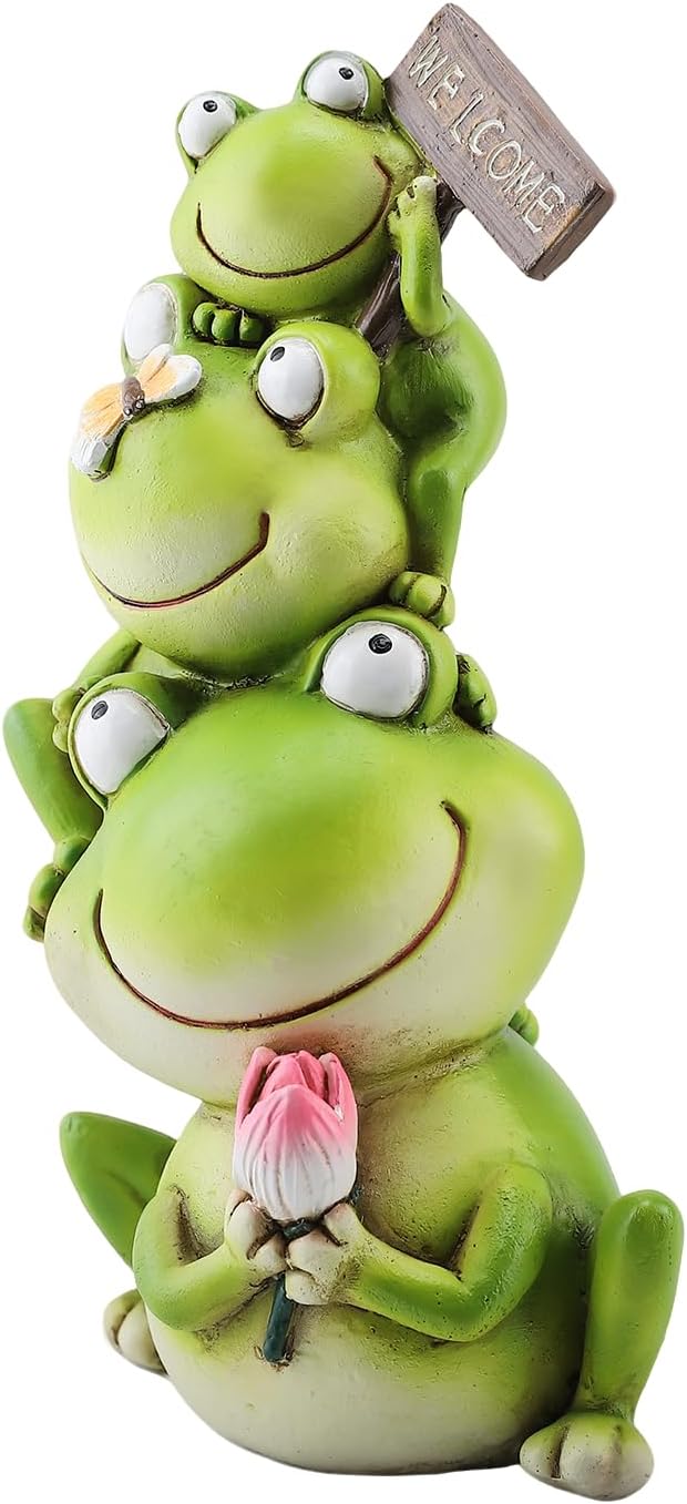 Stacked Frog Figurine Set - 3-Tier Resin Frogs with Welcome Sign & Lotus, Whimsical Indoor/Outdoor Decor for Garden, Desk & Porch