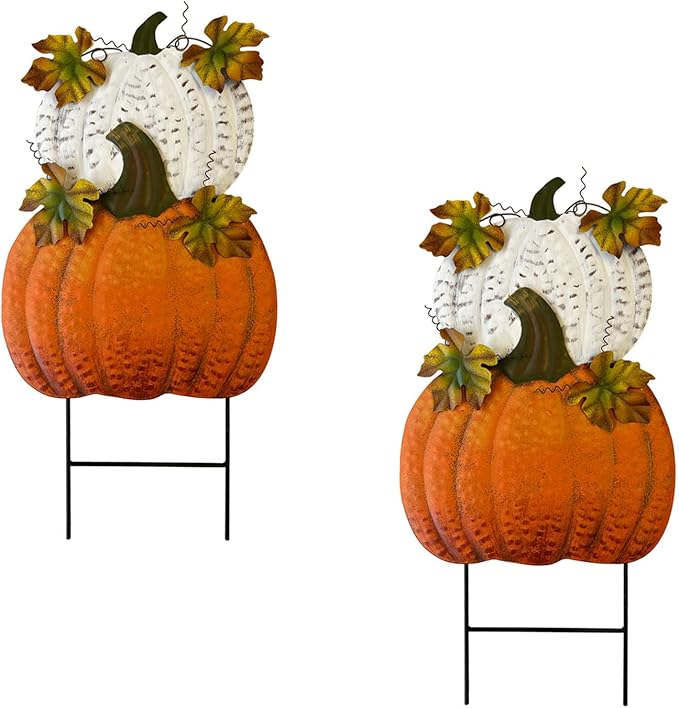 Set of 2 Rustic Metal Stacked Pumpkin Garden Stake Indoor Outdoor Welcome Decoration Hanging Metal Double Pumpkins Yard Signs for Fall Harvest Decor Thanksgiving Halloween Lawn Decoration