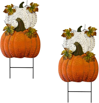 Set of 2 Rustic Metal Stacked Pumpkin Garden Stake Indoor Outdoor Welcome Decoration Hanging Metal Double Pumpkins Yard Signs for Fall Harvest Decor Thanksgiving Halloween Lawn Decoration