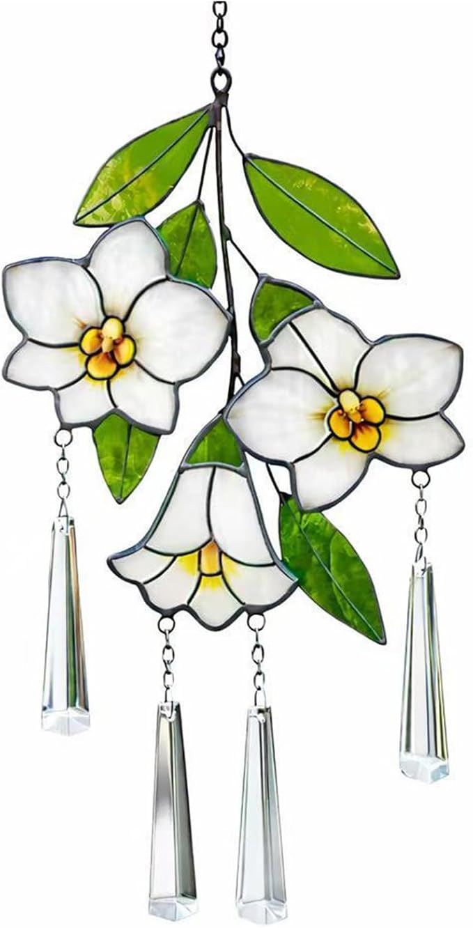 Stained Glass Flower Suncatcher for Window, Handmade Tropical Plumeria Hanging with Crystal Prisms, White Floral Window Decor, Sun Catcher Gift for Women & Plant Lovers