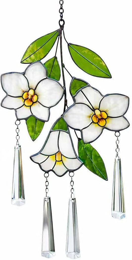 Stained Glass Flower Suncatcher for Window, Handmade Tropical Plumeria Hanging with Crystal Prisms, White Floral Window Decor, Sun Catcher Gift for Women & Plant Lovers