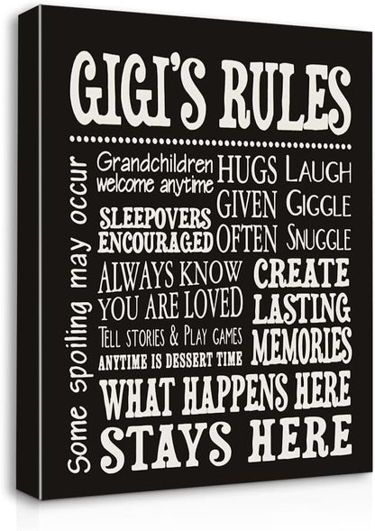 Gigi's Rules Welcome Canvas Wall Art Prints Artwork Signs Framed for Front Porch Decor Wall Decor Farmhouse Home Room Decor, 11 X 14 inch, Housewarming Gifts Family Room Decor, Gifts Gigi, Grandma